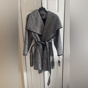 DKNY Faux-Leather-Trim Textured Wrap Coat